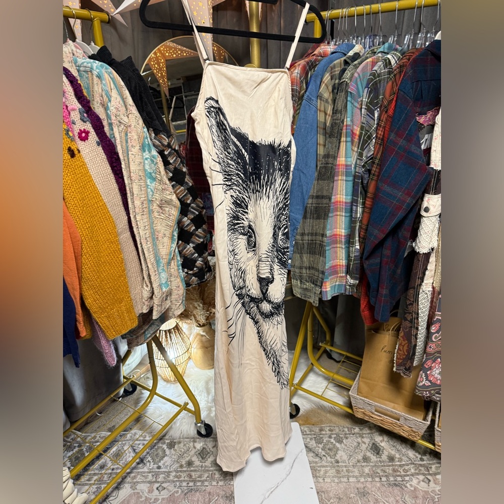 NWOT Anthropologie Conditions Apply Chloe Cat Print Maxi Slip Dress - Picture 3 of 6
